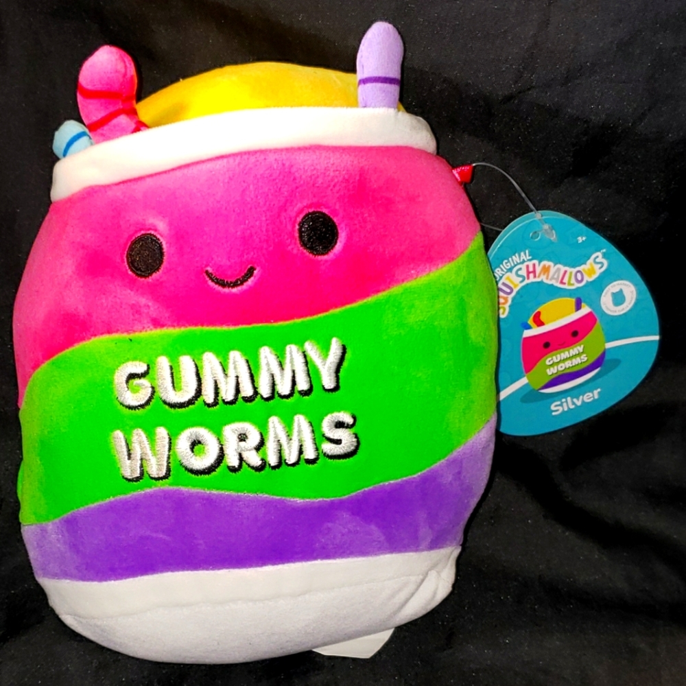 Squishmallow 7 - 8" Silver GUMMY WORMS KellyToy NWT NEON JUNK FOOD SQUAD 2023